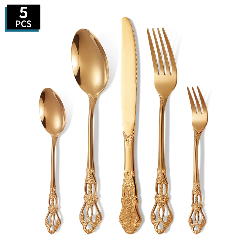 Luxury 5-Piece Stainless Steel Cutlery Set Hollow Silver and Gold Retro Western Tableware for Coffee Steak Knife Fork Spoon