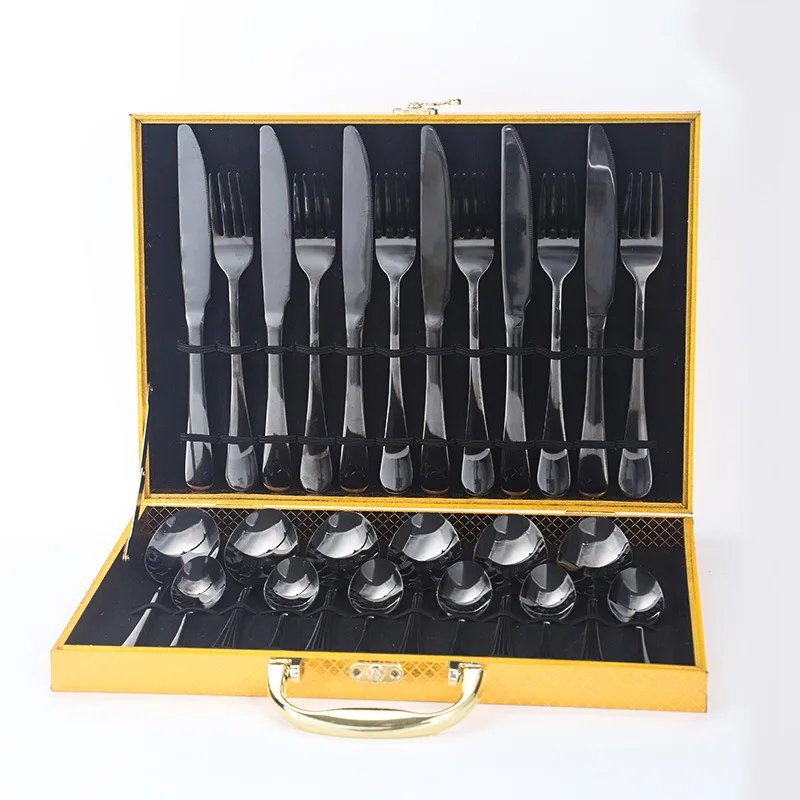 Оптовая продажа, роскошные матовые столовые приборы из 24 предметов, черное зеркало, нержавеющая сталь, золотые столовые приборы, экологичные, в комплект входят ложка, вилка, ножи