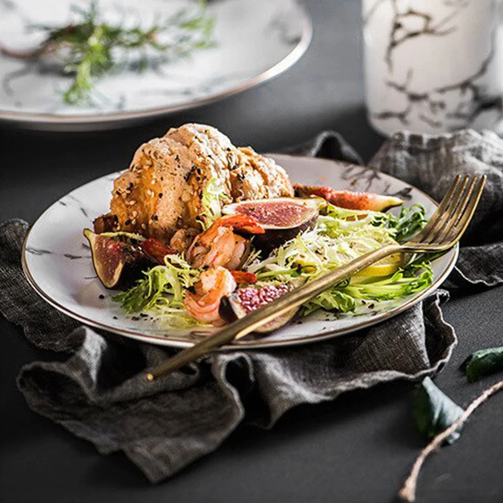 Высокая мода Мраморная посуда Мраморная посуда Керамический обеденный сервиз с золотой оправой для свадебных мероприятий, банкетов