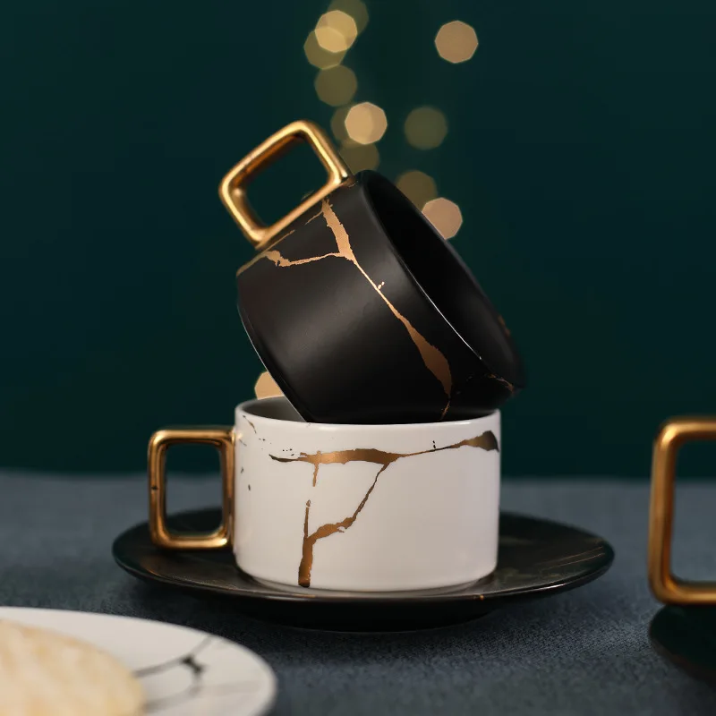 Luxury Nordic Style Ceramic Marble Coffee Cup Black Gold Espresso Mug with Tea Cup Saucer Set for Milk Tea & Coffee