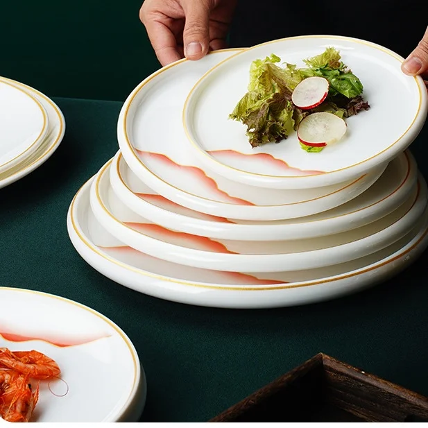 Тарелки с рисунком меламинового облака с коричневым краем для ресторанного обслуживания и свадьбы в отеле