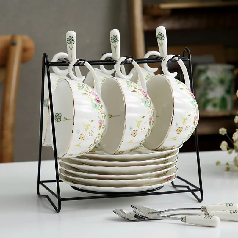 Ceramic Tea Cup and Plates Nordic Countryside Set Afternoon Tea Cups English Style Gold Rimmed Coffee Dinnerware Sets Ceramic