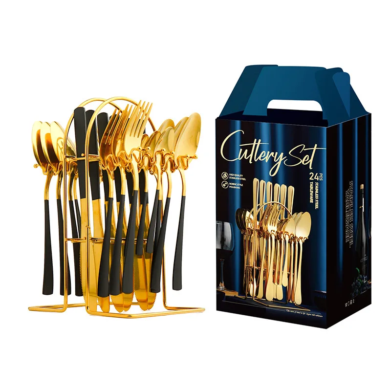 24PCS 304 Stainless Steel Royal Tableware Thick Gold Western Steak Silver  Spoon Restaurant Knives Forks Cutlery Set