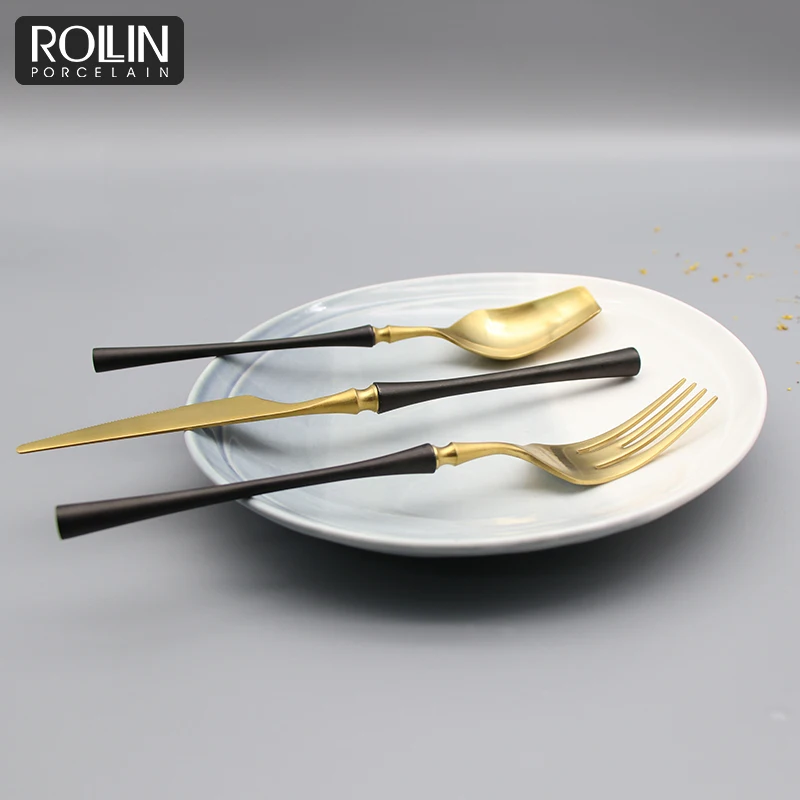 Горячая продажа столовых приборов черного и золотого цвета для отелей и ресторанов