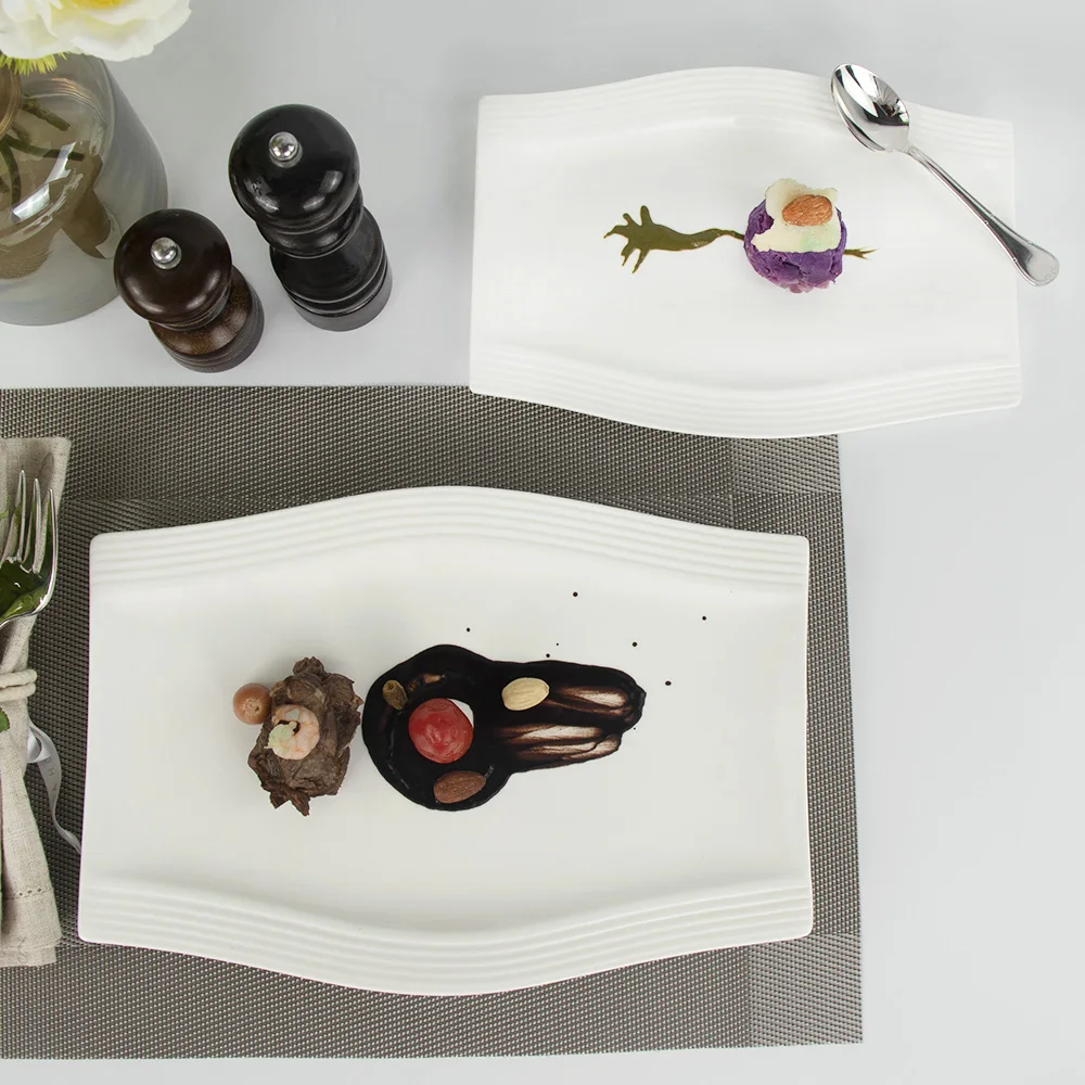 Белая фарфоровая обеденная тарелка для отелей и ресторанов, прямоугольные керамические тарелки для ресторана