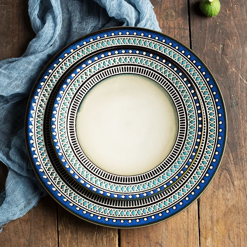 Nordic Emboss Pattern Ceramic Tableware Set Creative Eco-Friendly Dish for Pasta Soup Large Bowl Fish Plate for Household Use