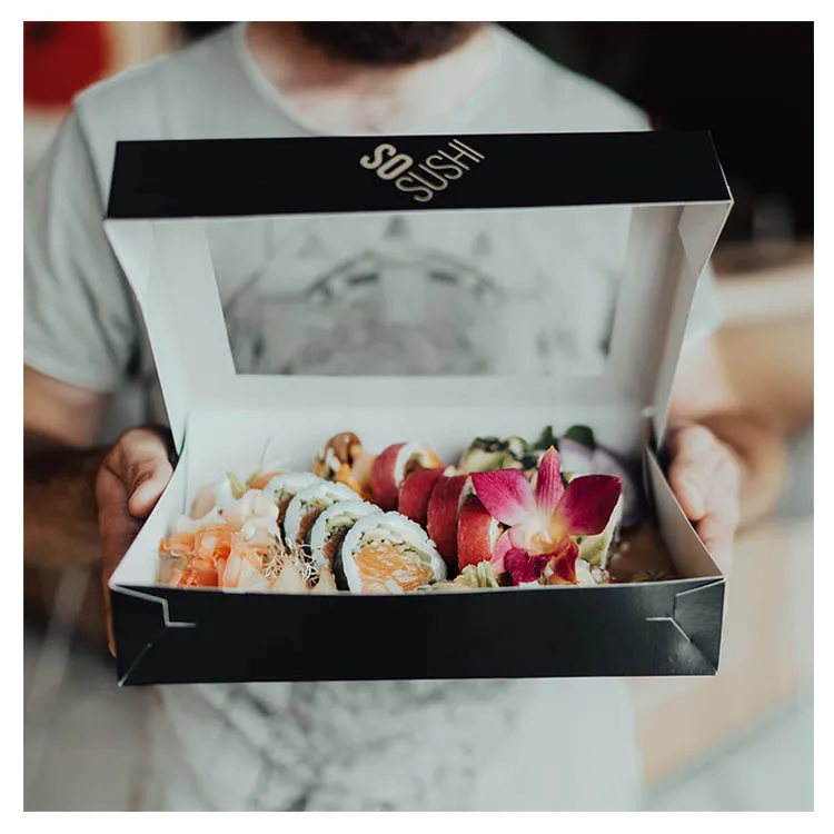 Напечатанные на заказ экологически чистые контейнеры для еды в ресторане, обеда на вынос, упаковка для еды на вынос, крафт-бумага, коробка для суши с окном