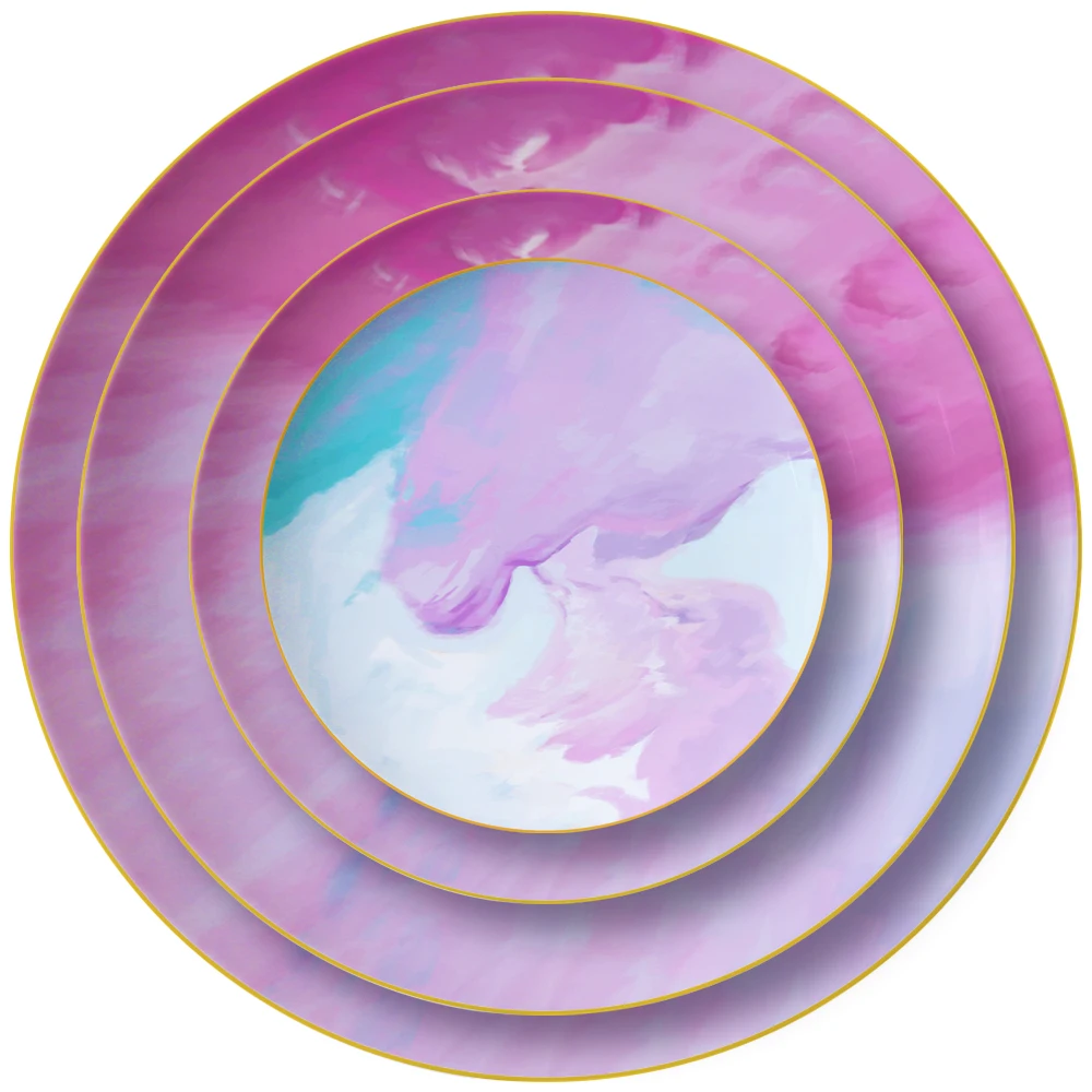 Оптовая продажа, розовый дизайн, 24 шт., тонкие костяные фарфоровые свадебные тарелки, керамический набор посуды с золотой оправой