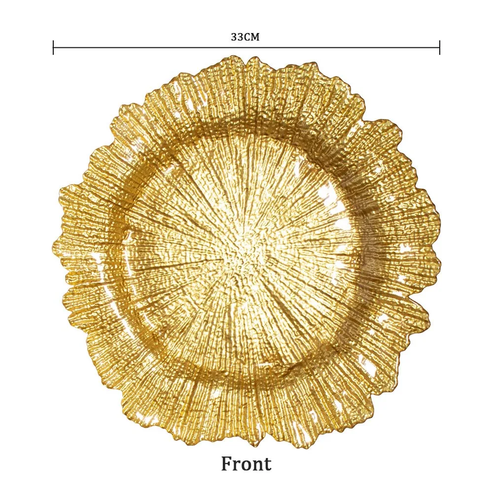 Оптовая продажа тарелки свадебные золотые западные тарелки новейшие элегантные золотые рифовые стеклянные зарядные тарелки золотые