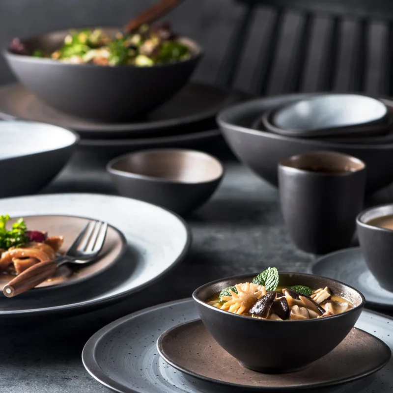 Коричневые наборы посуды, поднос для тарелок, оптовая продажа, OEM, отель, ресторан, керамика, набор тарелок в деревенском стиле, посуда, тарелки, керамика