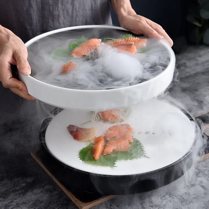 Personality Black and White Round Ceramic Dry Ice Dinner Plates Porcelain Smoke Restaurant Tableware Sashimi Sushi Seafood Tray
