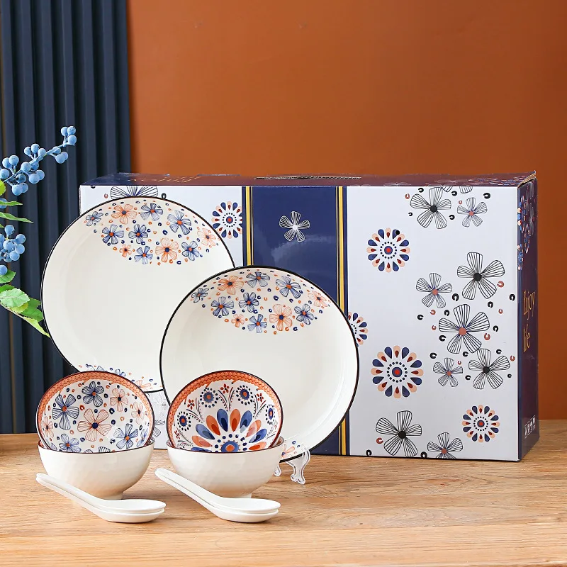 Wholesale Custom Logo Printed Ceramic Tableware Dinnerware Set Including Bowl Spoon Plate Gift Box