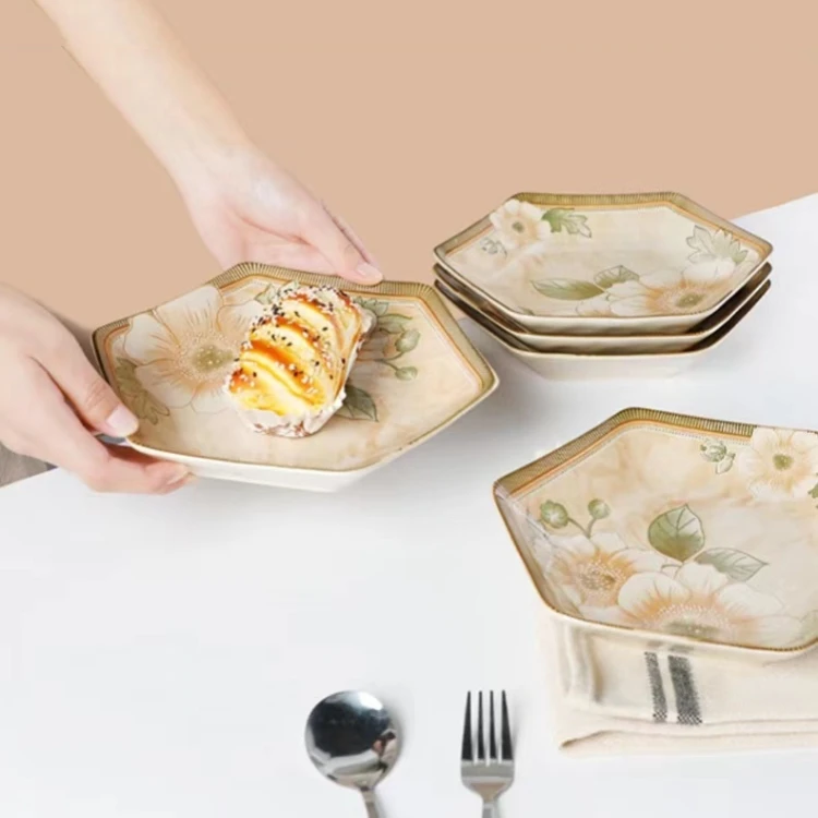 Wholesale 9-Inch Camellia Flower Antique Ceramic for Household Commercial Underglaze Color Hexagonal Plate Deep Dish