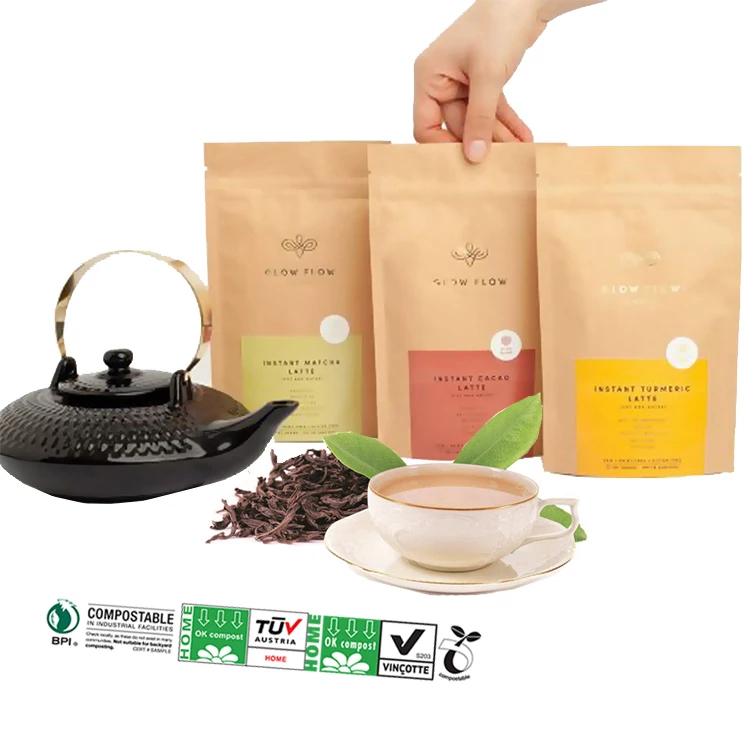 Напечатанный на заказ экологически чистый пищевой биоразлагаемый термосвариваемый пустой пакет с застежкой-молнией и застежкой-молнией из крафт-бумаги на молнии для упаковки чая