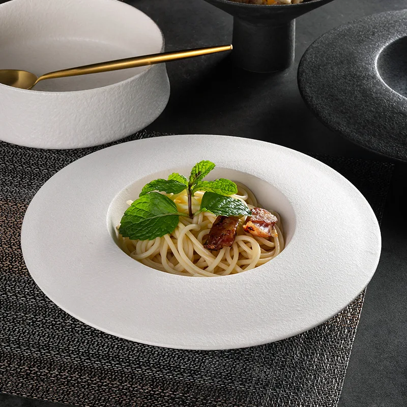 Vintage Nordic Round Pattern Porcelain Dish Set Coarse Glazed Salad Soup Mixing Bowl Dessert Pasta Saucer Plate Hotel Style Pack