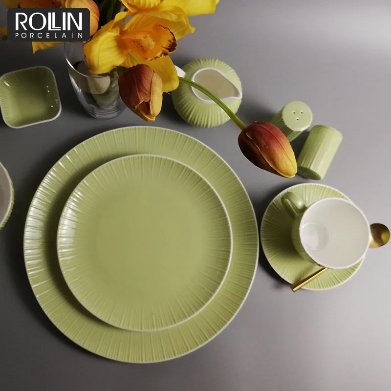 Привлекательная цена, новый тип столовой посуды для отелей, зеленая глазурованная столовая посуда, набор столовых приборов из костяного фарфора