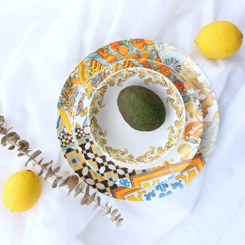 Nordic Style Sicilian Series Ceramic Plate and Bowl  Colorful Art Tableware Combination Dinnerware Sets for Restaurant Household