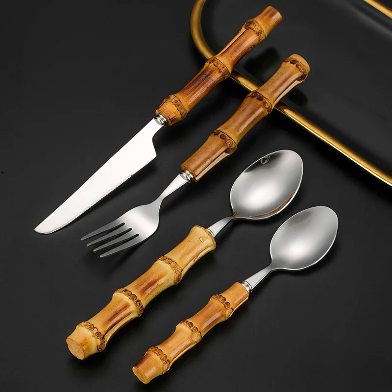 4-Piece Western Food Restaurant Steak Knife Set with Bamboo Handle 304 Stainless Steel Fork and Spoon for Parties