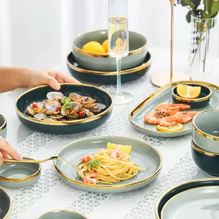 35-летний фабричный набор фарфоровых тарелок, набор столовой посуды, фарфоровый набор из зеленого золота, ресторан, супермаркет, керамические золотые тарелки