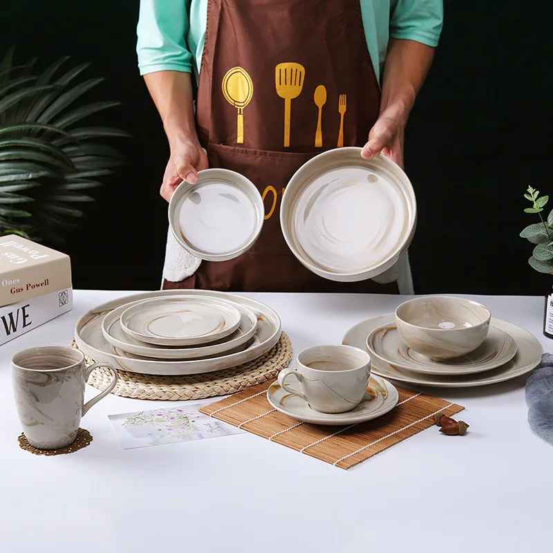 Marble Patterned Ceramic Dishes Colored Earth Tableware Hotel Home Steak Plates and Bowls Set Coffee Cup Dinnerware Sets Ceramic