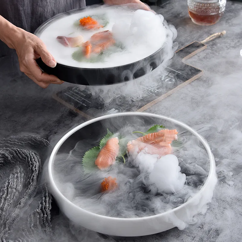 Personality Black and White Round Ceramic Dry Ice Dinner Plates Porcelain Smoke Restaurant Tableware Sashimi Sushi Seafood Tray