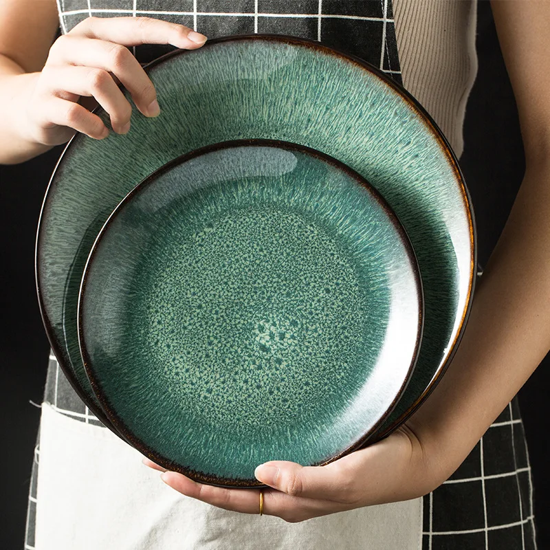 Luxury Stoneware Dinnerware Sets Green Reactive Glazed Ceramic Tableware Bowl Dishes & Plates