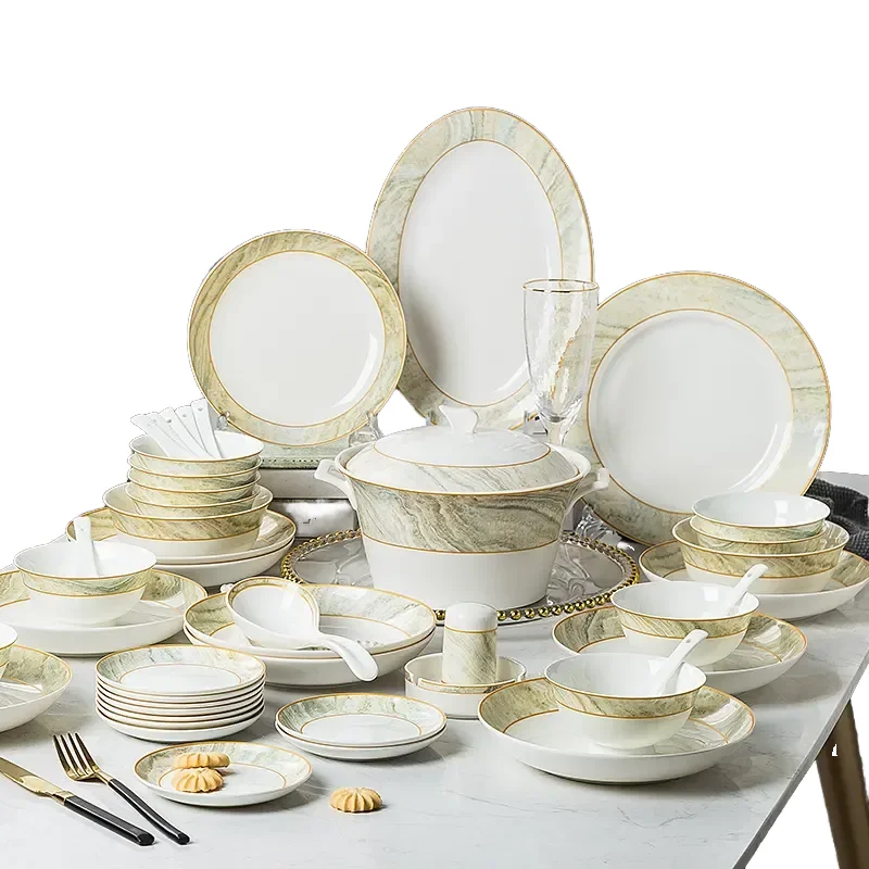 Luxury Marble European Style Ceramic Tableware Set Lightweight Dinnerware With Golden Edge Suit for Household Use