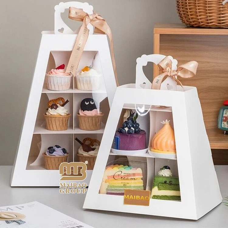Белая портативная многослойная коробка для торта с принтом на заказ, упаковочная коробка для послеобеденного чая и десерта, бумажная подставка для демонстрации закусок на вынос
