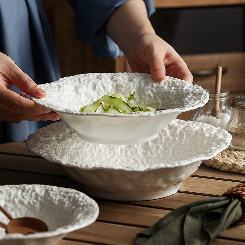 Large White Ceramic Serving Bowl Embossed Rock Pattern Porcelain Tableware for Restaurants Parties Unique Pasta Salad Bowls