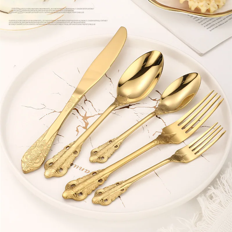 Baroque Royal Vintage Gold Cutlery Set 18/10 Stainless Steel Flatware Modern Design Sustainable Feature for Weddings