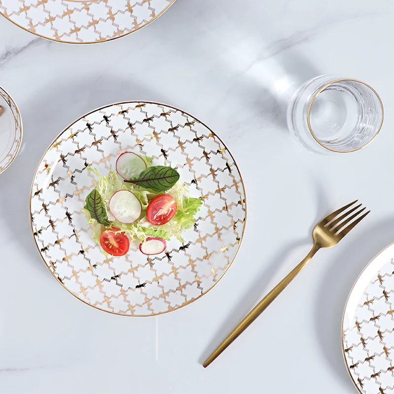 Тарелка из костяного фарфора, золотая посуда, изысканное блюдо и тарелка из костяного фарфора, роскошные обеденные тарелки из костяного фарфора для ресторана
