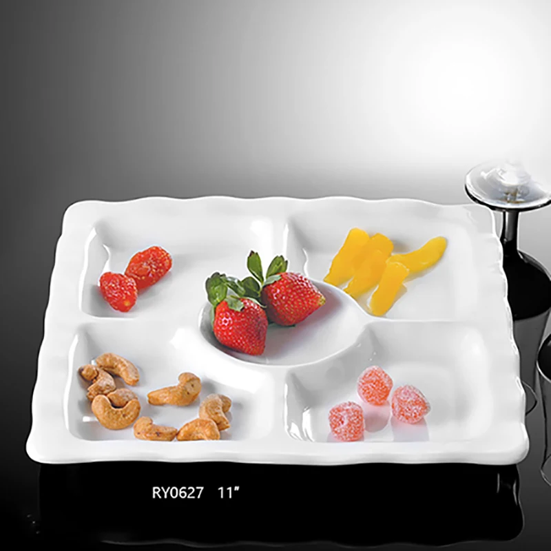 Оптовая продажа, керамическая тарелка с логотипом для шведского стола, посуда для общественного питания, ресторанная фарфоровая тарелка с 5 отделениями для отеля