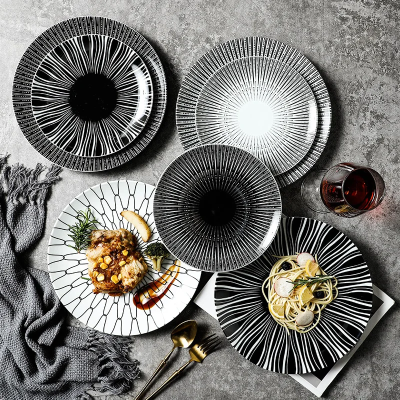 Black and White Creative Western Style Ceramic Dishes Western Food Dinnerware Commercial Steak Plates Household Tableware