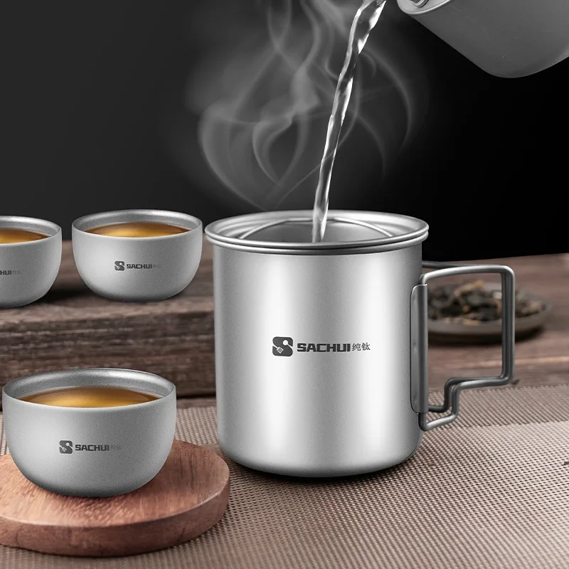 Кружка из чистого титанового сплава, складная ручка, анти-ошпаривание, портативная уличная чашка для кемпинга, титановая чашка для здоровья и еды