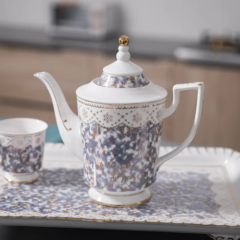 8 PCS European Afternoon Tea Gold Rim Ceramic Coffee Pot and Cups Set With Tray Vintage Purple Tea Cup TeaPot Set