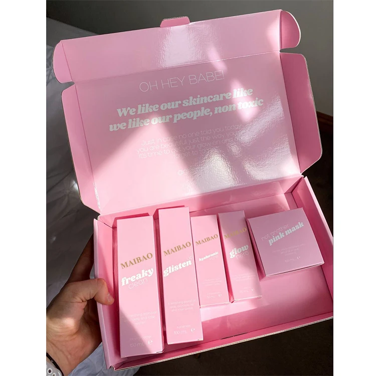 Розовые транспортировочные коробки с индивидуальным логотипом для малого бизнеса, картонные коробки из гофрированного картона для упаковки, подарочные косметические коробки для ухода за кожей
