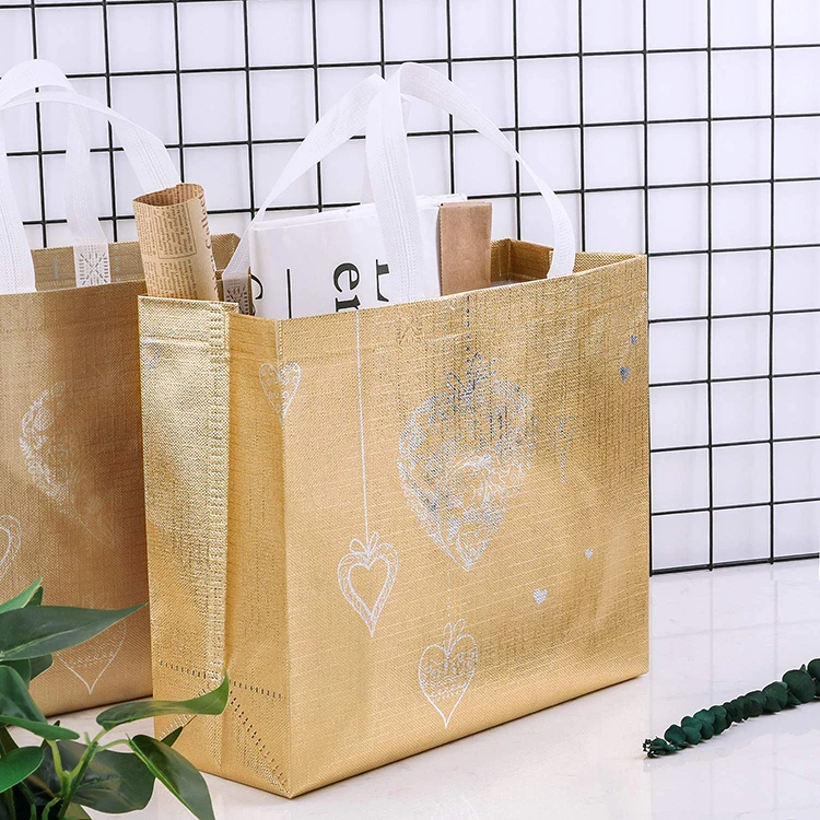 Персонализированная эко-ламинированная блестящая рождественская подарочная сумка из нетканого материала, многоразовая металлическая нетканая сумка для покупок