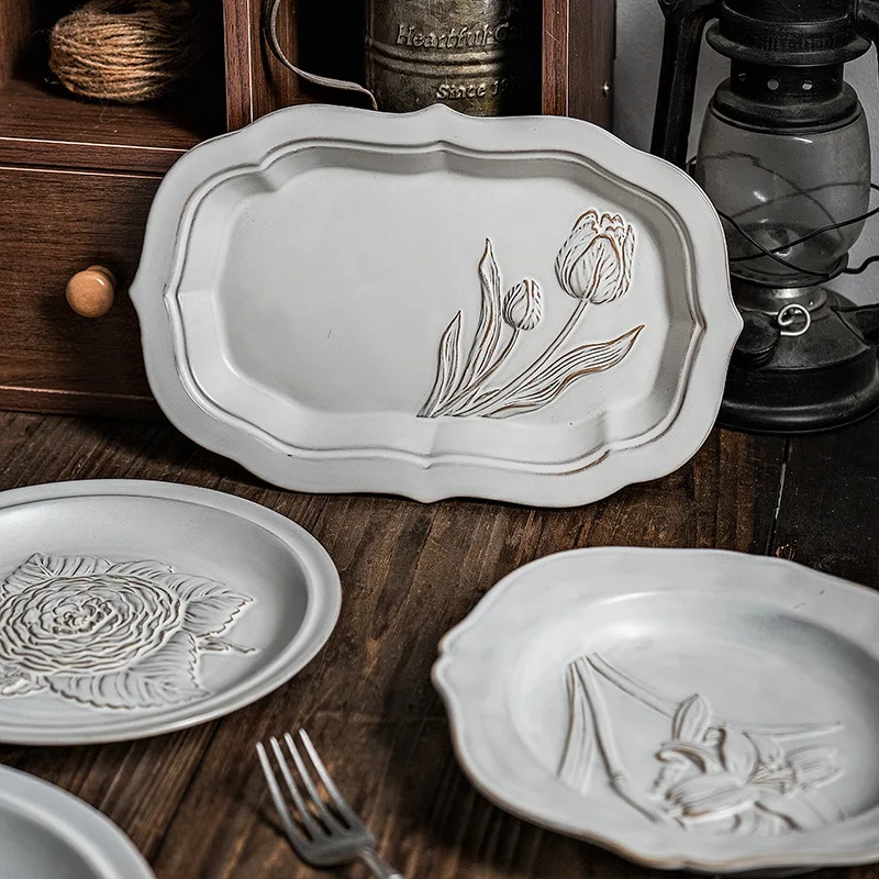 Creative Tulip Relief Hydrangea Vintage Flower Plate Set Eco-Friendly Dessert Plates for Party