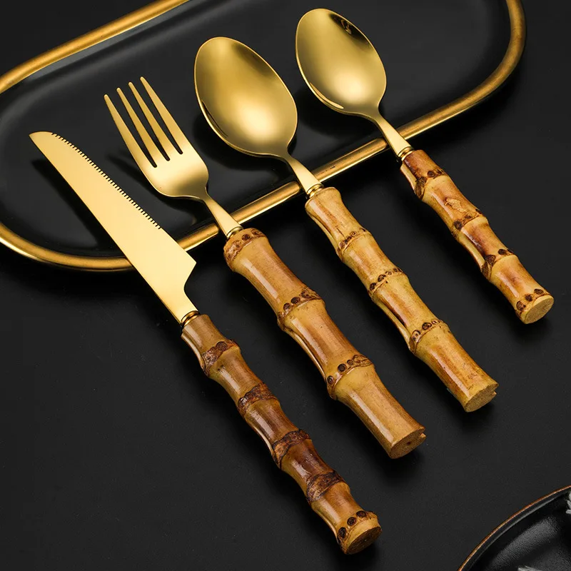 4-Piece Western Food Restaurant Steak Knife Set with Bamboo Handle 304 Stainless Steel Fork and Spoon for Parties