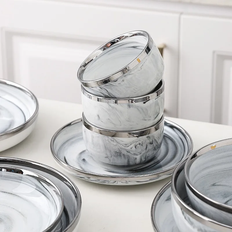 Фарфоровая посуда с золотой серебряной оправой, набор мраморных тарелок, высококачественный роскошный керамический набор посуды для ресторана, отеля