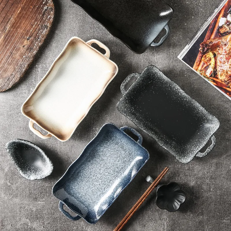 Набор прямоугольных керамических тарелок с ручкой и кружевными краями для свадьбы, сервировки стейков и салатов