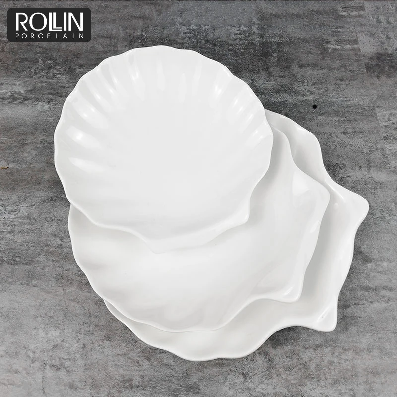 Оптовая продажа, белый гребешок, фарфоровая керамическая безопасная тарелка в форме ракушки, белая керамическая посуда, керамическая посуда в форме ракушки