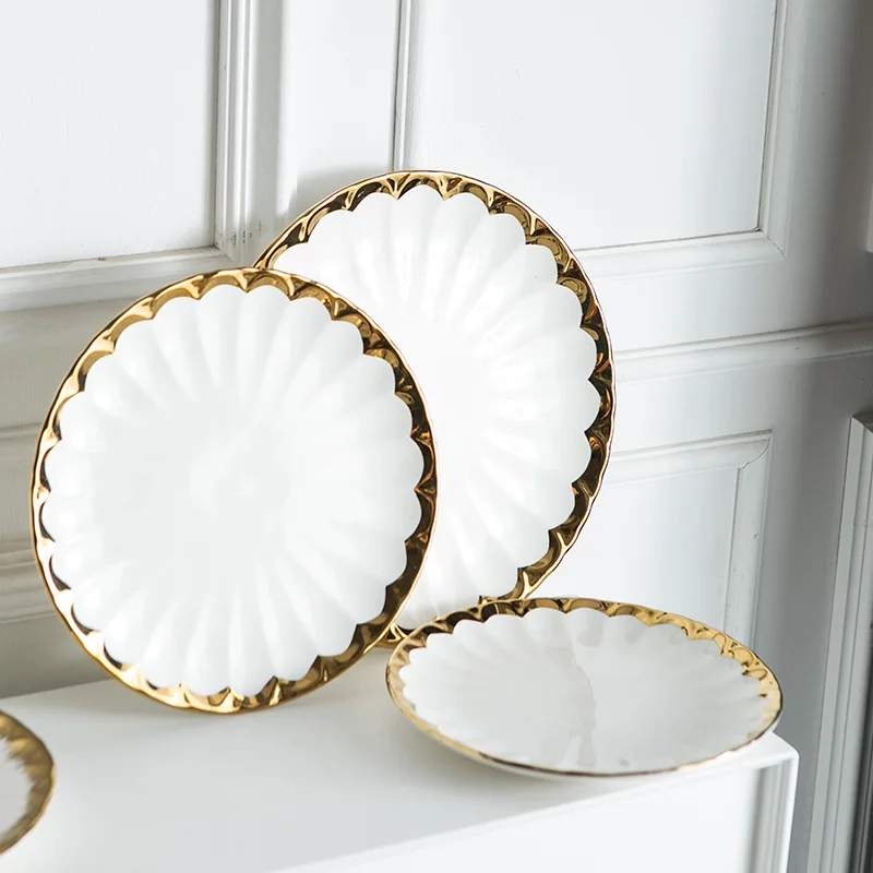 European Style Gold-plated Ceramic Tableware Western Dessert Plate Wedding Restaurant Household Dinnerware Wholesale