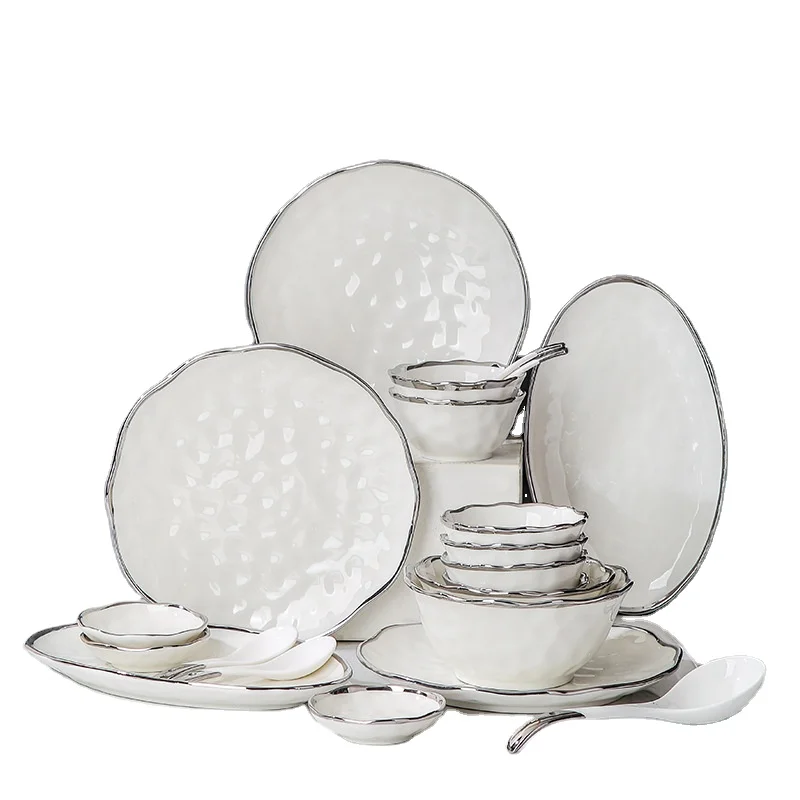 High Quality Classic Minimalism White Ceramic Dinnerware Set Silver Edge Porcelain Tableware for Weddings Parties Includes Plate