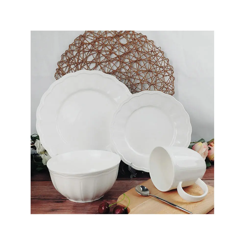 Advanced Customization French Elegant White Embossed Lace Plate Ceramic Dinner Plate Dessert Plate