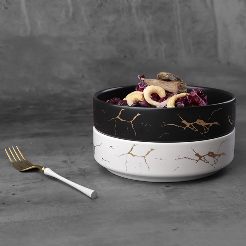 Керамические штабелируемые мраморные тарелки Ресторан Черно-белая посуда 20 см Фарфоровый золотой мраморный обеденный набор
