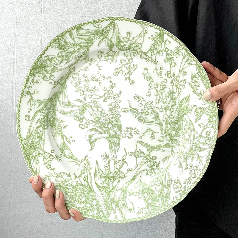 Luxury Bone China Dinner Plates Glaze Green Flower Valley Charger Plate Ceramic Serving Platter