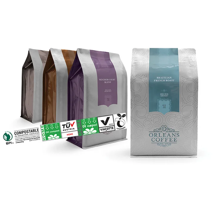 Напечатанный на заказ 250 г 340 г 500 г Pla биоразлагаемый чехол с боковой ластовицей пластиковая упаковка из майларовой фольги кофейный мешок с плоским дном и клапаном