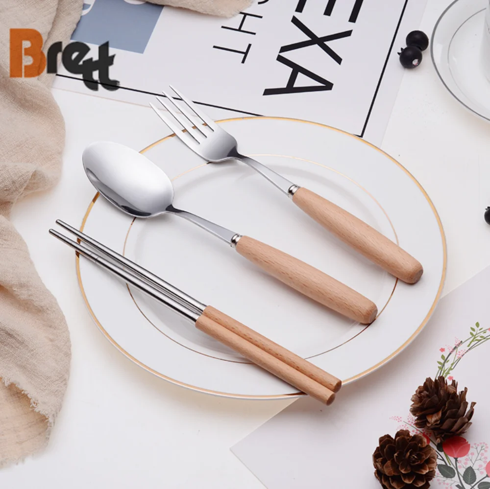 Детская посуда, портативная, 3 шт., столовые приборы из нержавеющей стали с деревянной ручкой, детский набор столовых приборов, ложка для супа, вилка, палочки для еды