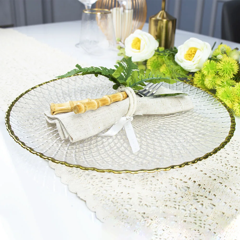 Оптовые зарядные тарелки Романтическая прозрачная золотая посуда из бисера 13-дюймовые стеклянные зарядные тарелки для свадьбы